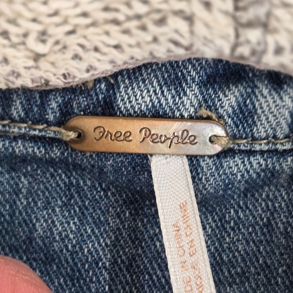 Free People‎ Disney Patches Denim Hooded Jacket XS Jean Knit Sleeve Unique - Picture 2 of 9